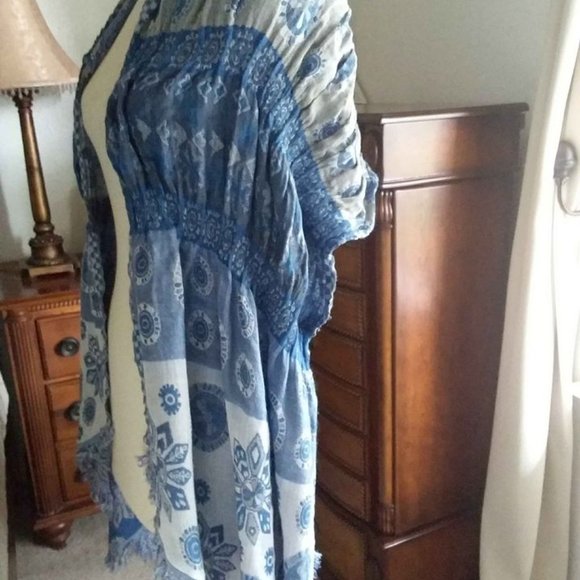 Blue Floral Large Scarf with fringe, 80"x16" - Picture 5 of 8